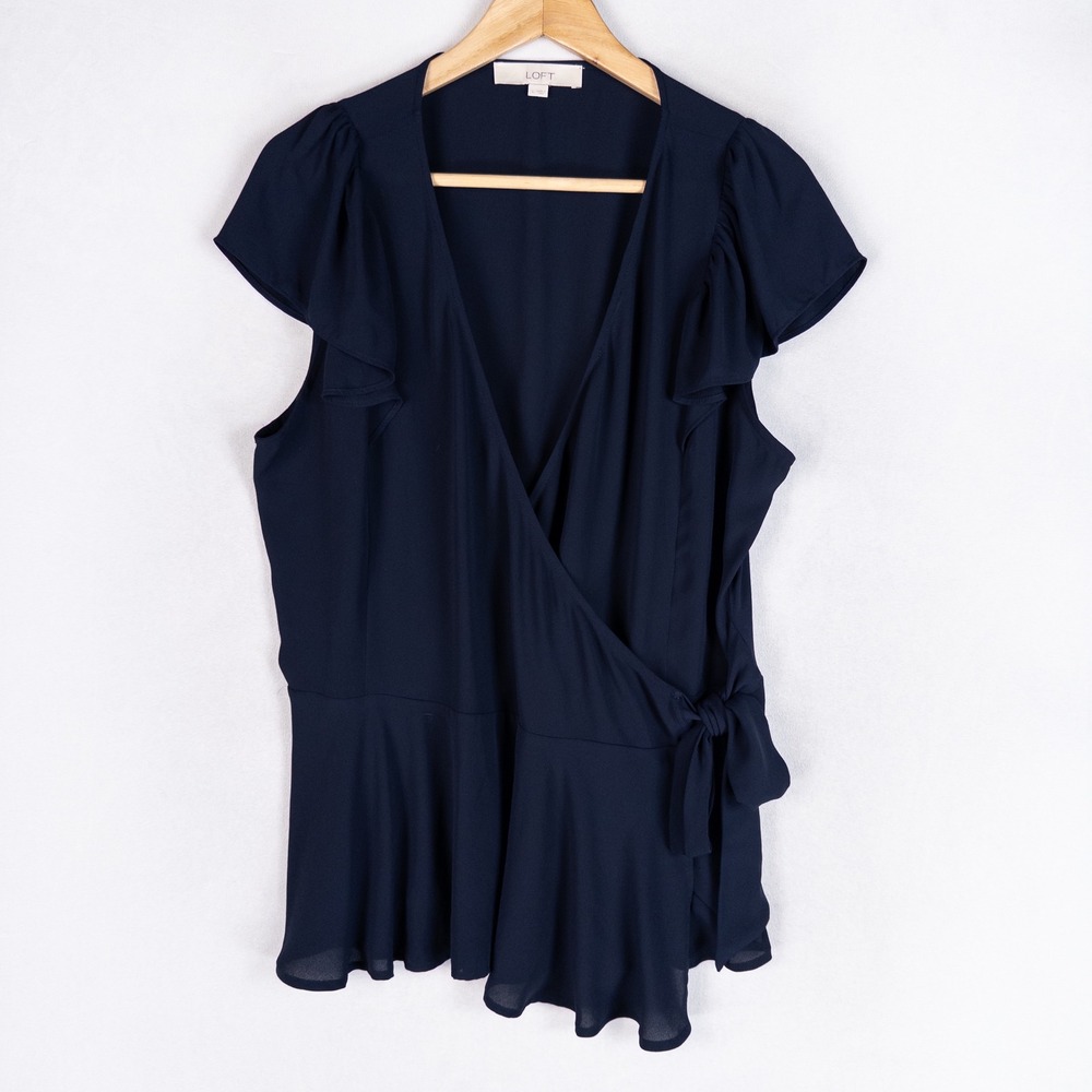 Loft Womens Blouse Large Navy Blue Ruffle Cap Sleeve Wrap Peplum Top Feminine